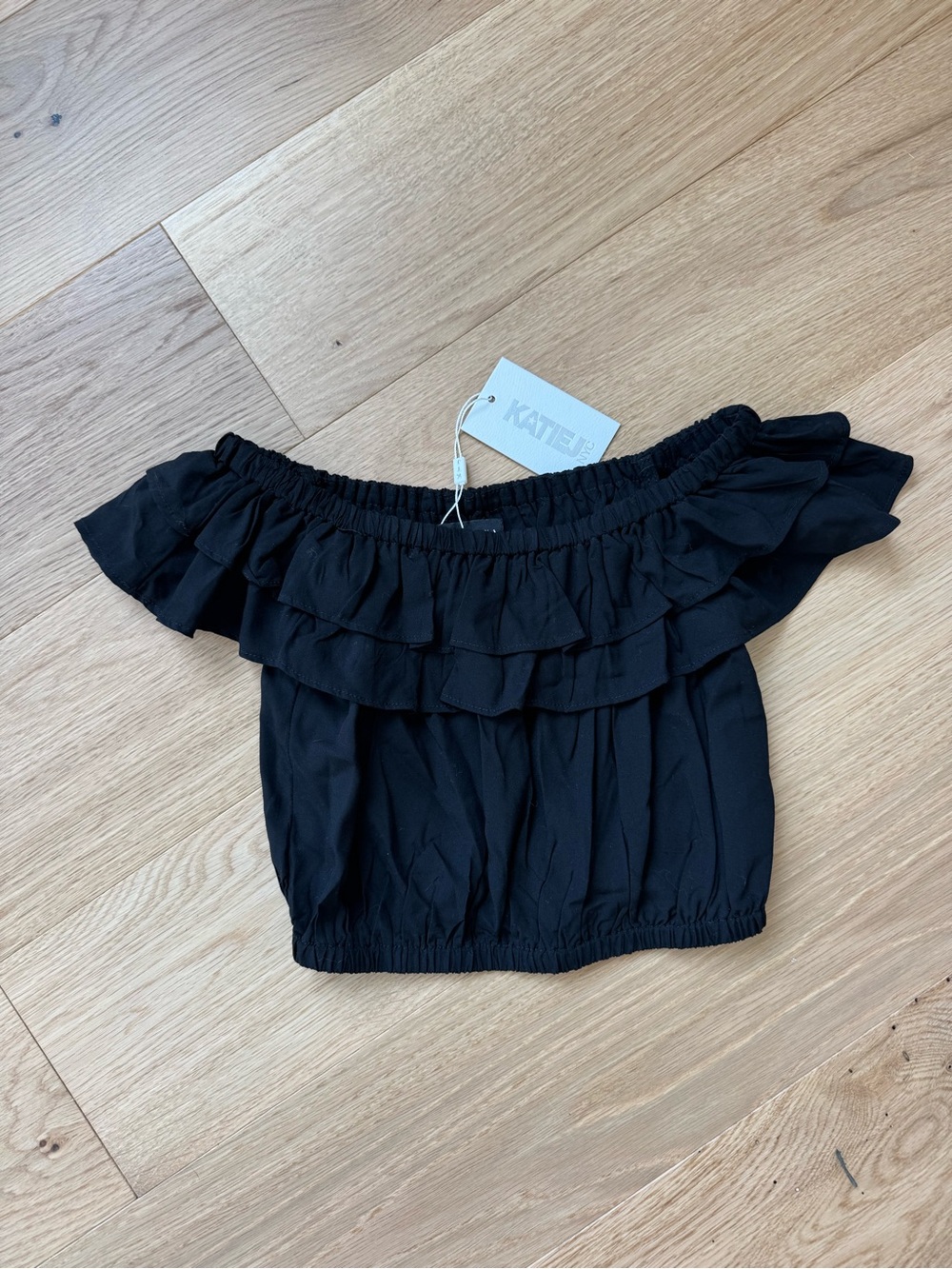 Katie J NYC Black Ruffled Off-Shoulder Crop Top